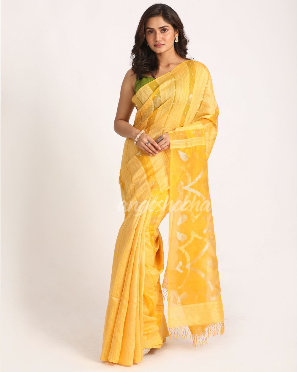 Yellow Matka Silk Handloom Traditional Sequin Jamdani Saree angoshobha