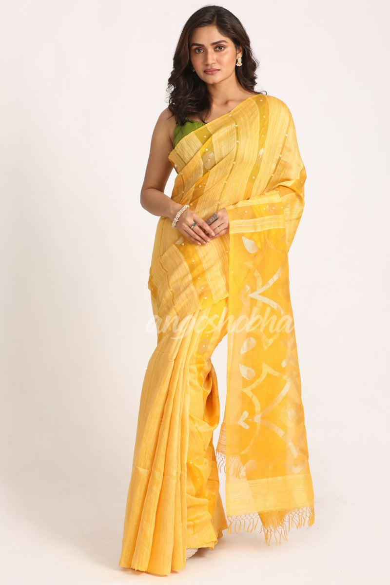 Yellow Matka Silk Handloom Traditional Sequin Jamdani Saree