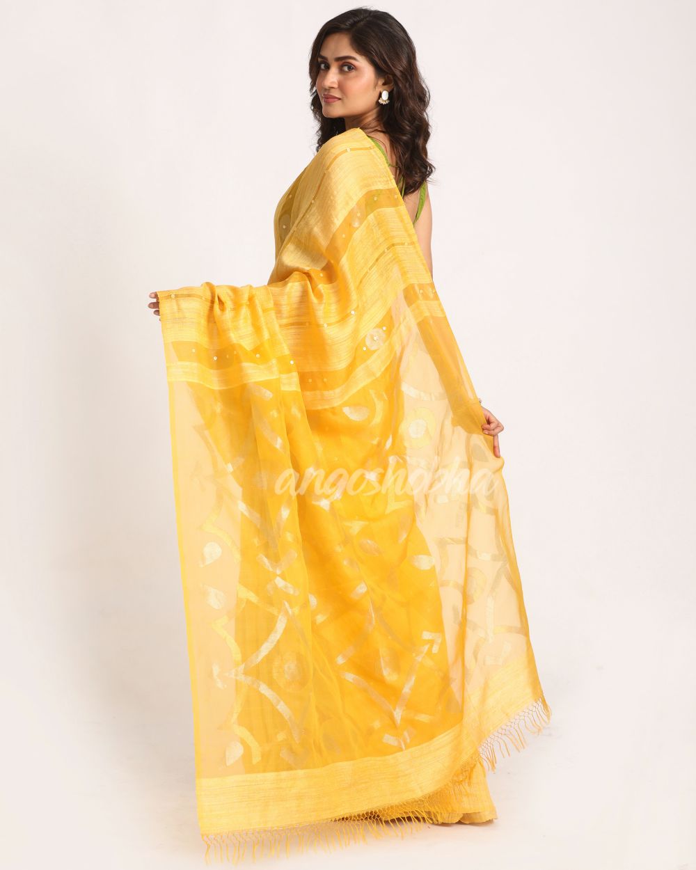 Yellow Matka Silk Handloom Traditional Sequin Jamdani Saree angoshobha