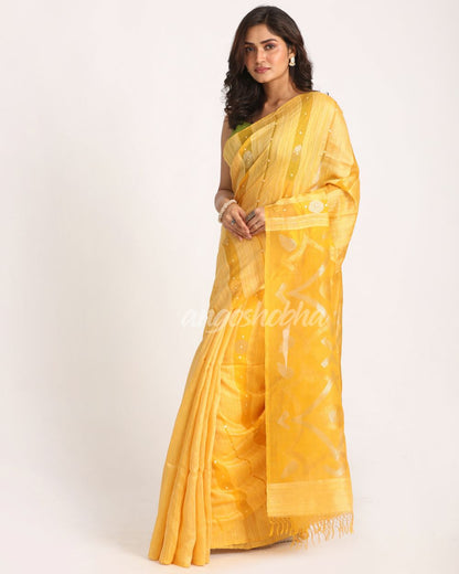 Yellow Matka Silk Handloom Traditional Sequin Jamdani Saree angoshobha