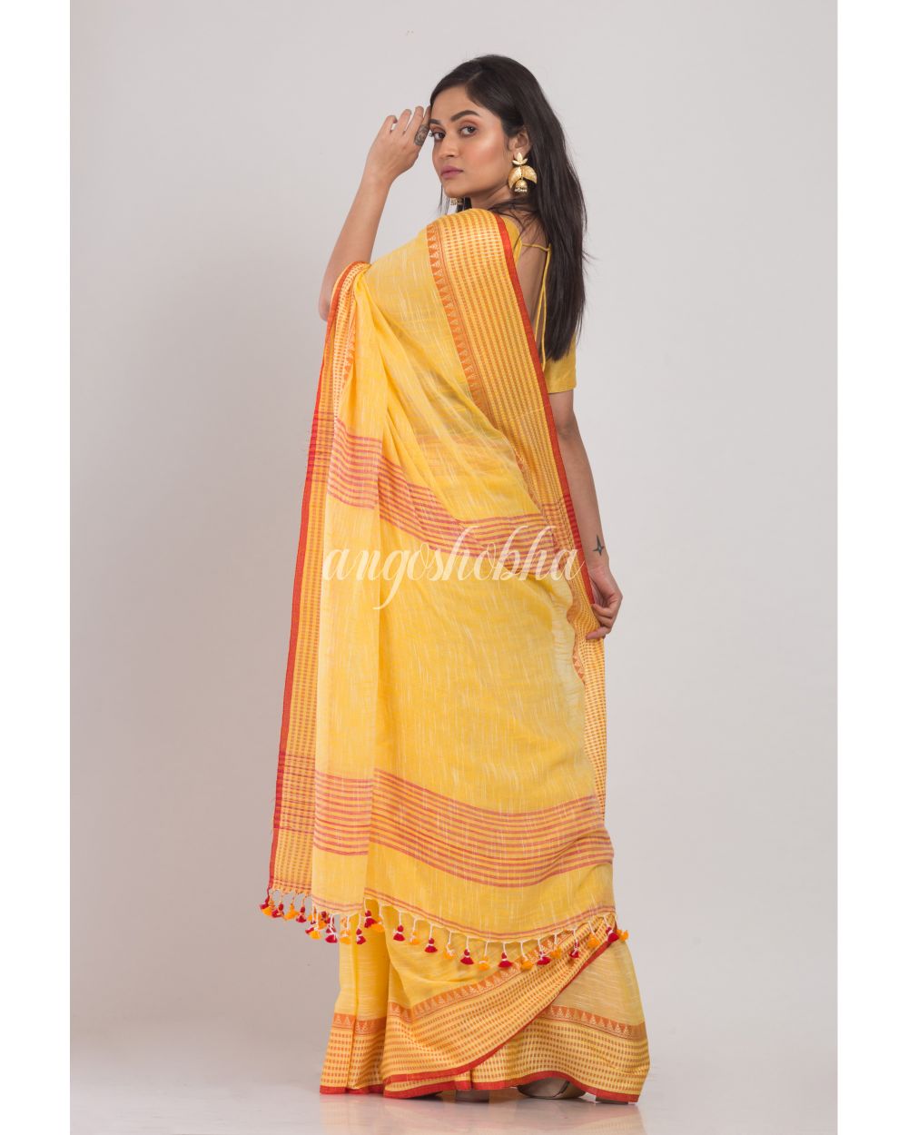 Yellow Soft Cotton Handloom Saree angoshobha
