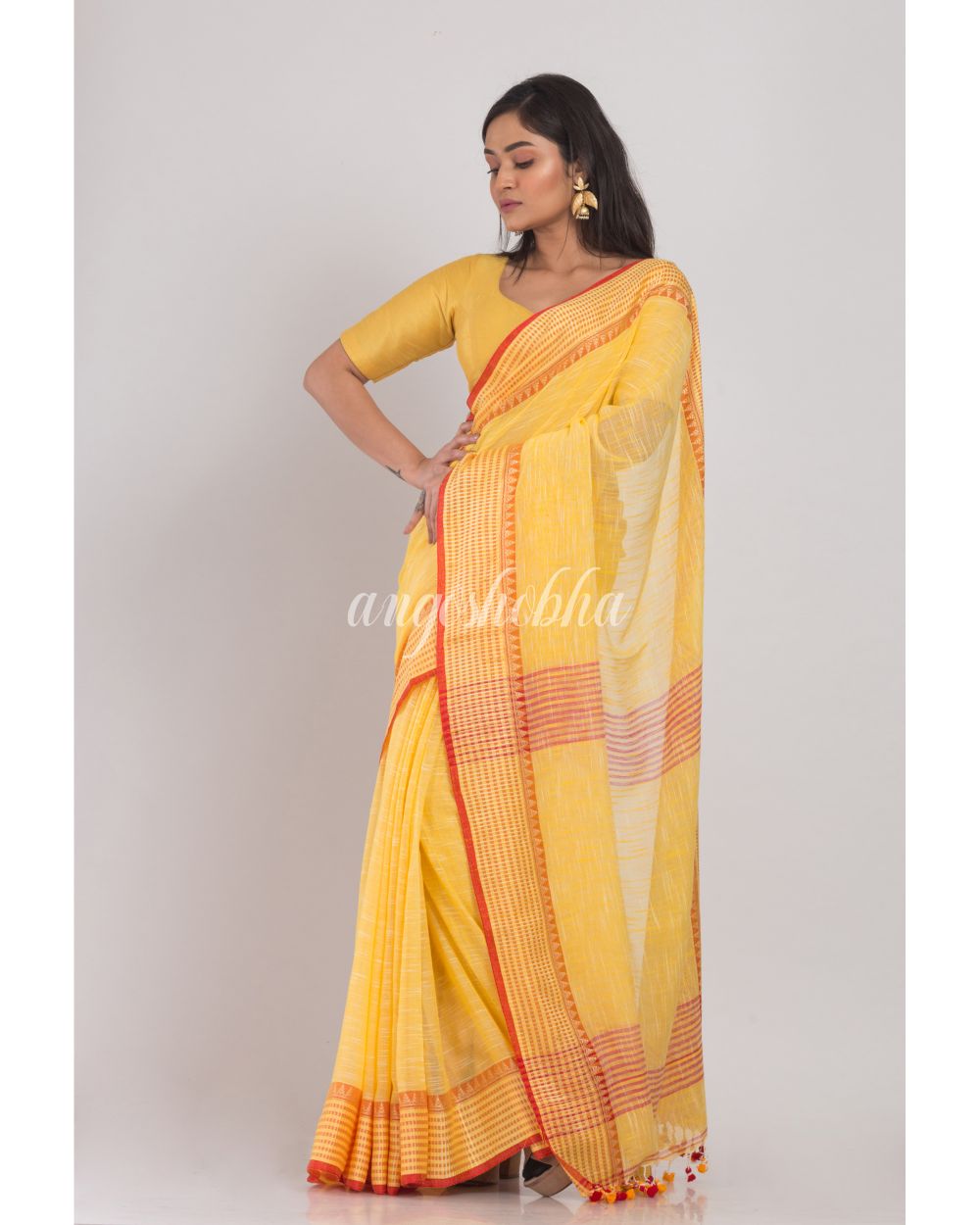 Yellow Soft Cotton Handloom Saree angoshobha