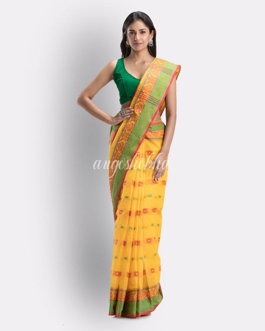 Yellow Woven Design Pure Cotton Handwoven Tant Saree angoshobha