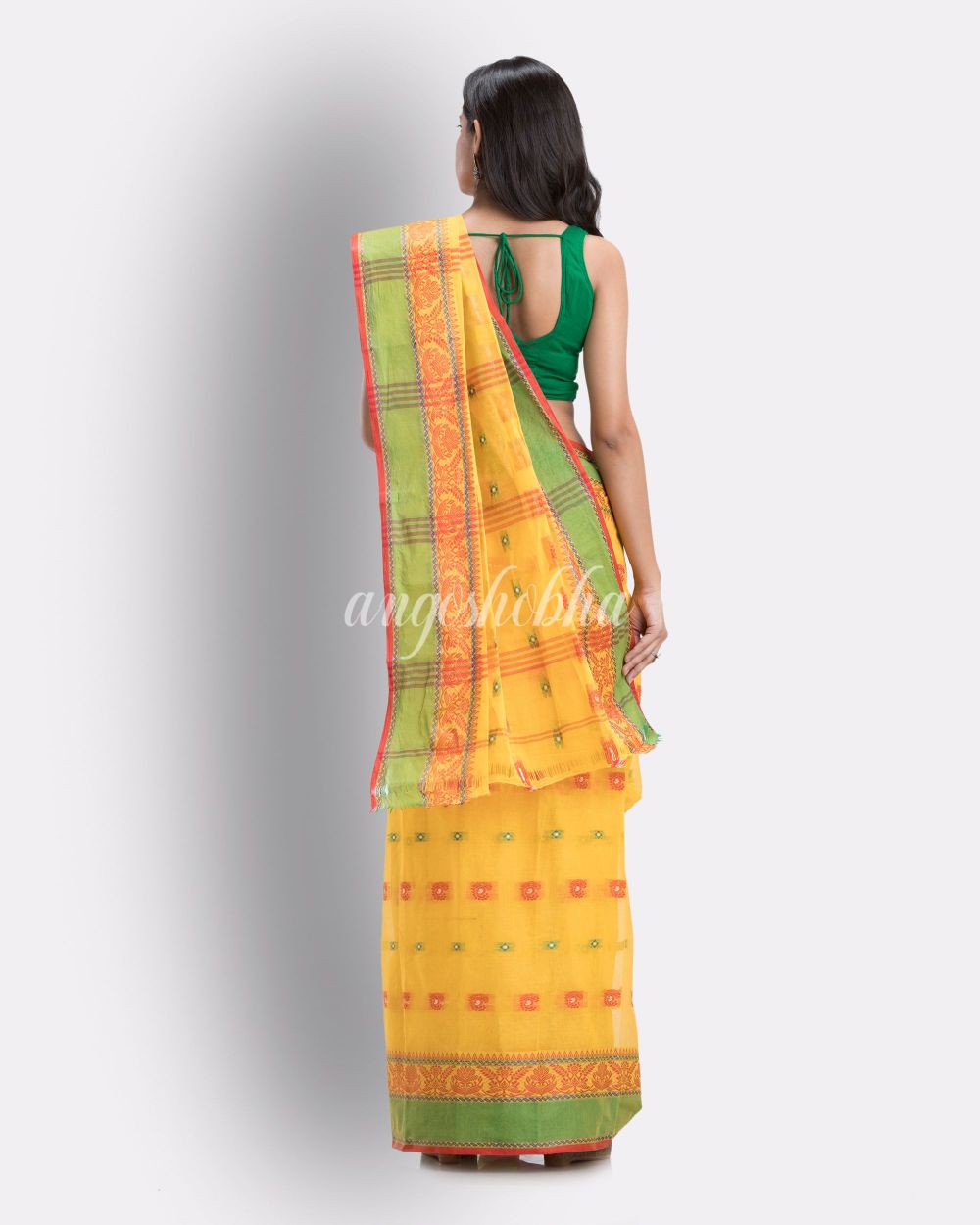 Yellow Woven Design Pure Cotton Handwoven Tant Saree angoshobha