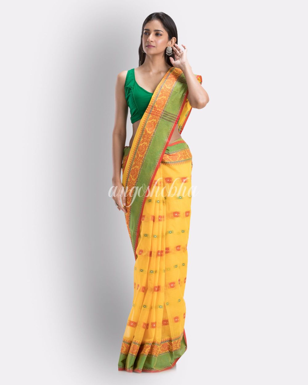 Yellow Woven Design Pure Cotton Handwoven Tant Saree angoshobha