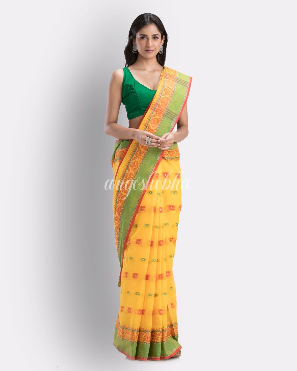 Yellow Woven Design Pure Cotton Handwoven Tant Saree angoshobha