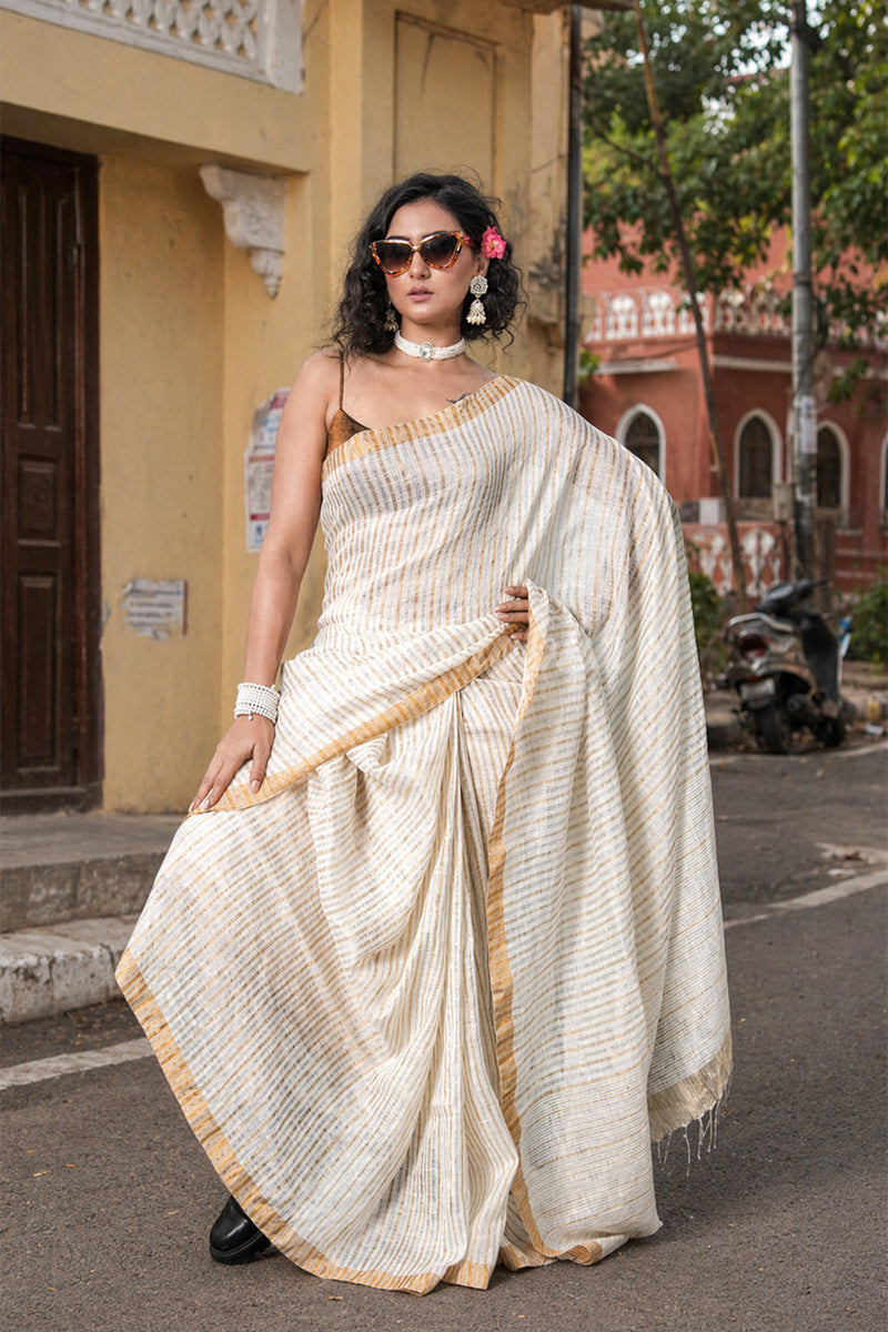 White Linen Golden and Silver Stripe Body with Golden Border Bengal Handwoven Saree