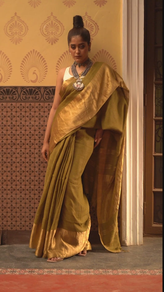 Olive Green Linen Traditional Handloom Saree