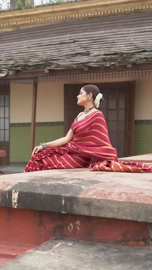 Maroon Linen All Body Zari Stripe Handloom Saree